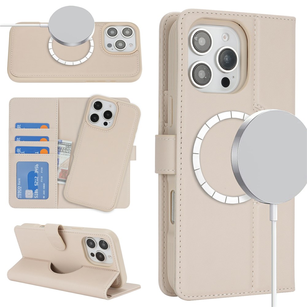 For iPhone 16 Pro Max Wallet Case Compatible with MagSafe Anti-Drop Detachable PU Leather Phone Cover - Beige