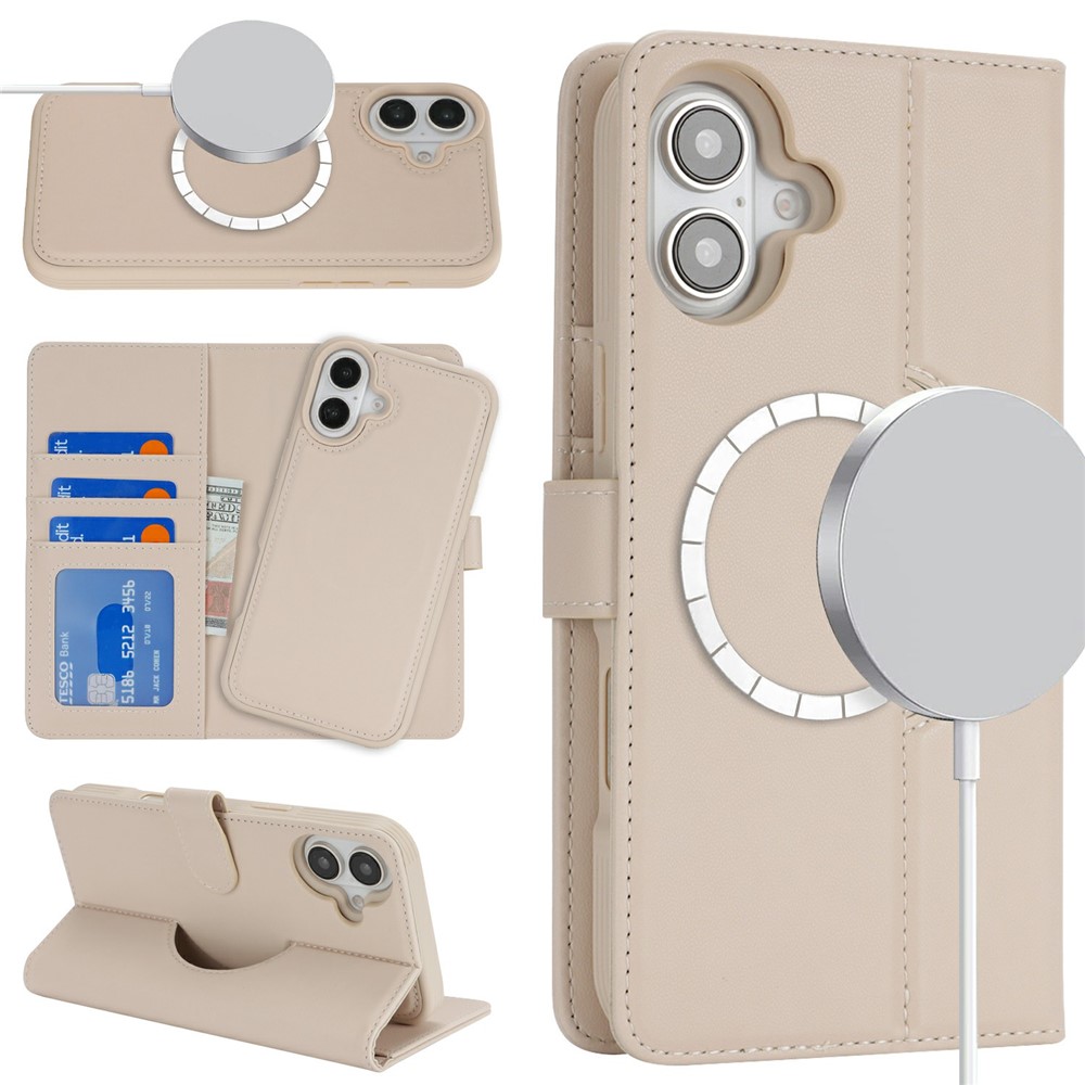 For iPhone 16 Plus Wallet Case Compatible with MagSafe Anti-Drop Detachable PU Leather Phone Cover - Beige