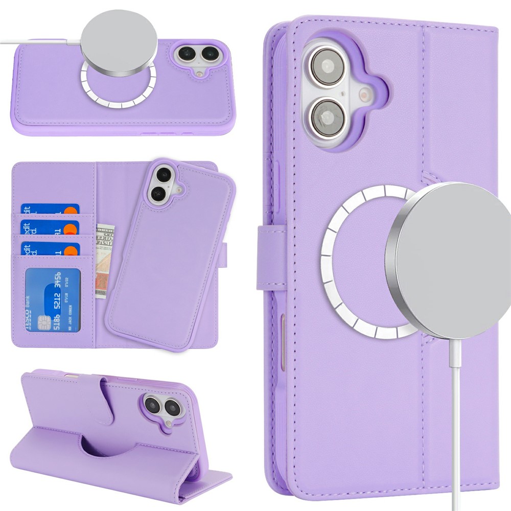 For iPhone 16 Plus Wallet Case Compatible with MagSafe Anti-Drop Detachable PU Leather Phone Cover - Purple