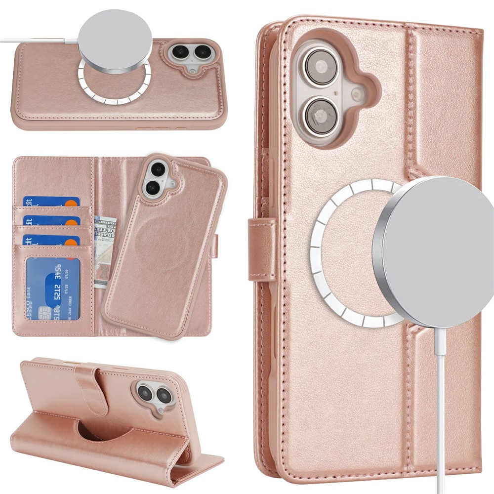 For iPhone 16 Plus Wallet Case Compatible with MagSafe Anti-Drop Detachable PU Leather Phone Cover - Rose Gold