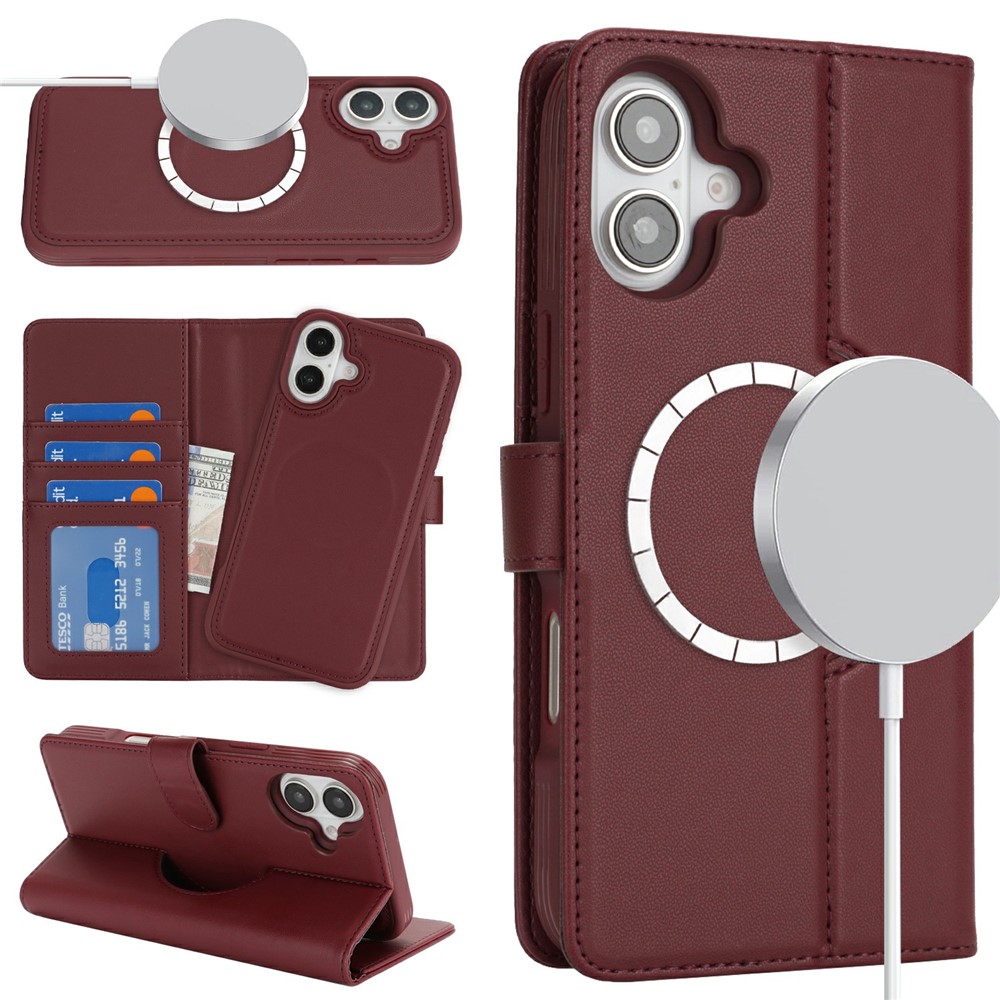 For iPhone 16 Plus Wallet Case Compatible with MagSafe Anti-Drop Detachable PU Leather Phone Cover - Wine Red