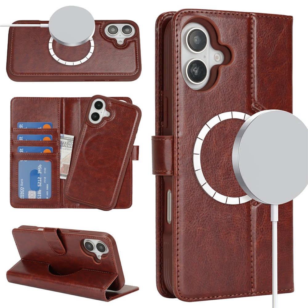 For iPhone 16 Plus Wallet Case Compatible with MagSafe Anti-Drop Detachable PU Leather Phone Cover - Dark Brown