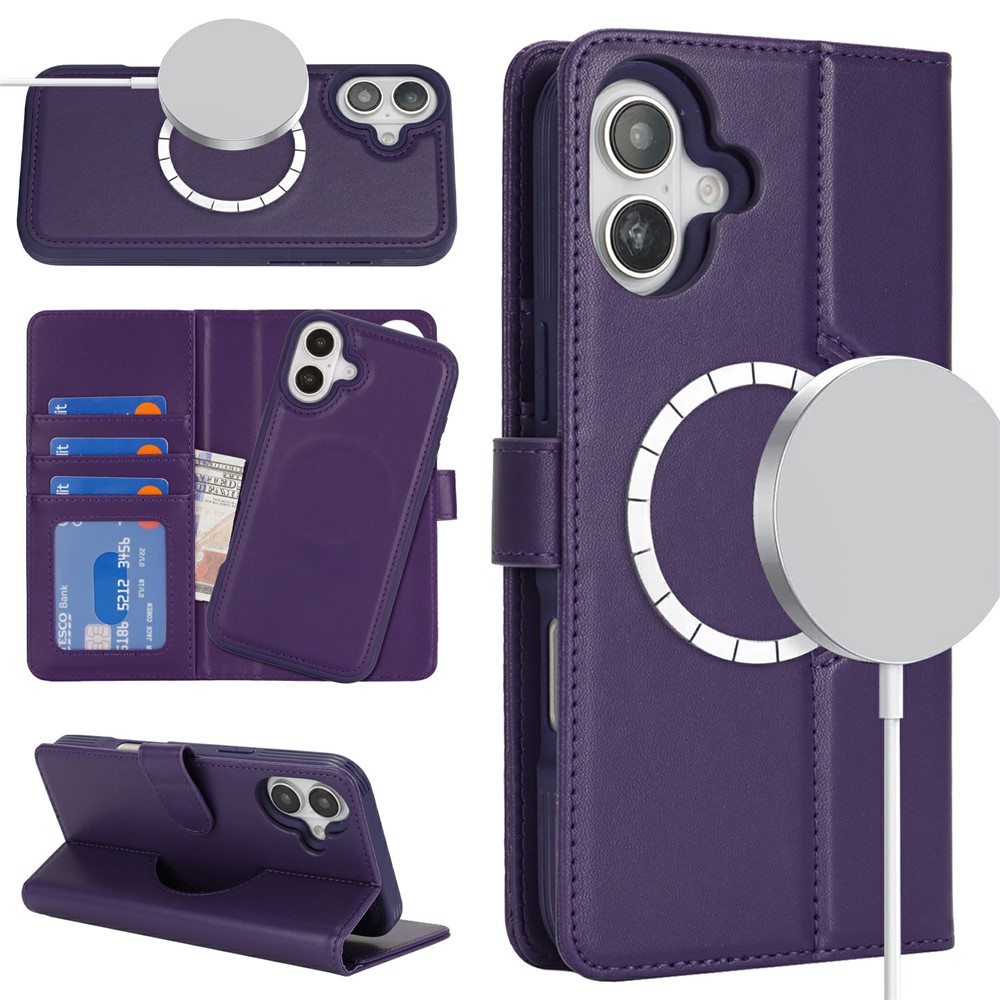 For iPhone 16 Plus Wallet Case Compatible with MagSafe Anti-Drop Detachable PU Leather Phone Cover - Dark Purple