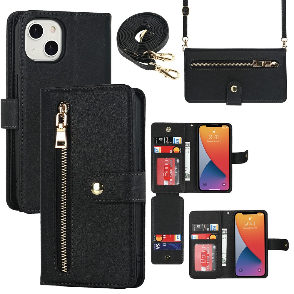 For iPhone 13 mini Stand Case PU Leather Phone Cover with Straps  /  Zipper Wallet  /  Multiple Card Slots - Black
