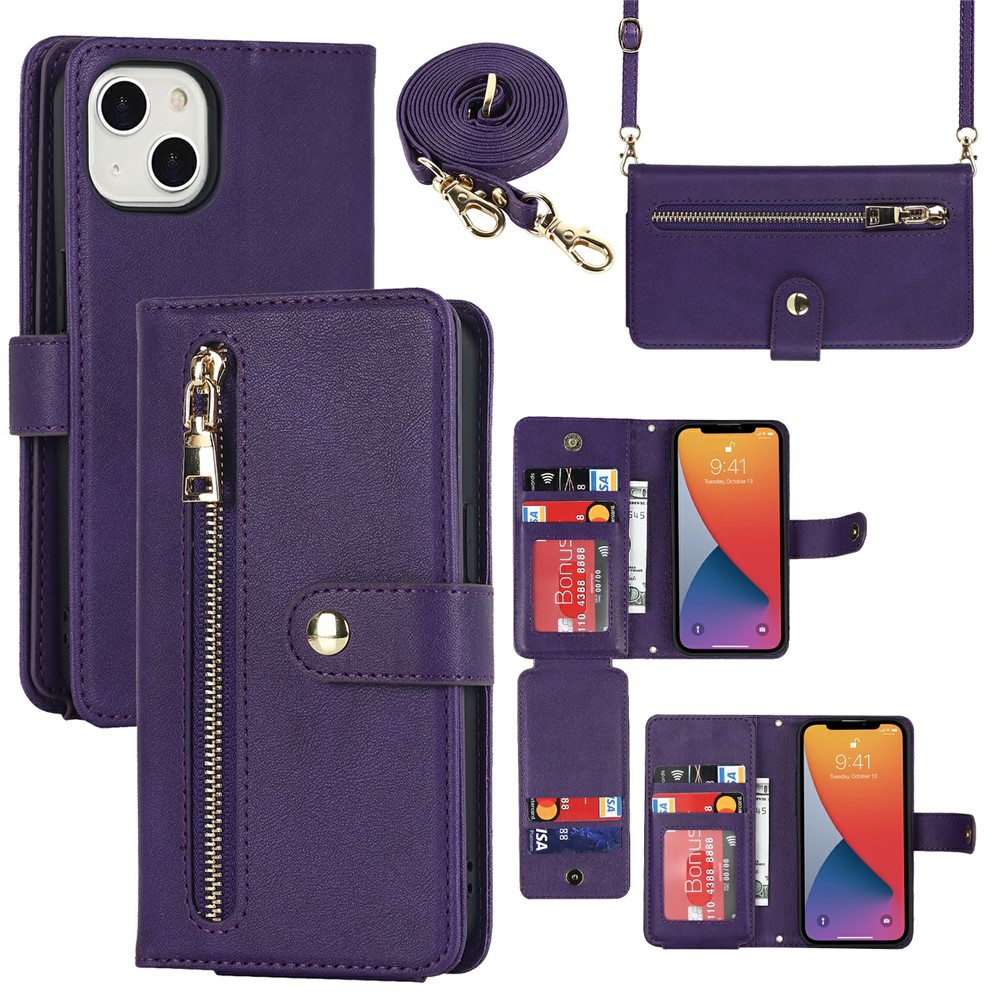 For iPhone 13 mini Stand Case PU Leather Phone Cover with Straps / Zipper Wallet / Multiple Card Slots - Purple