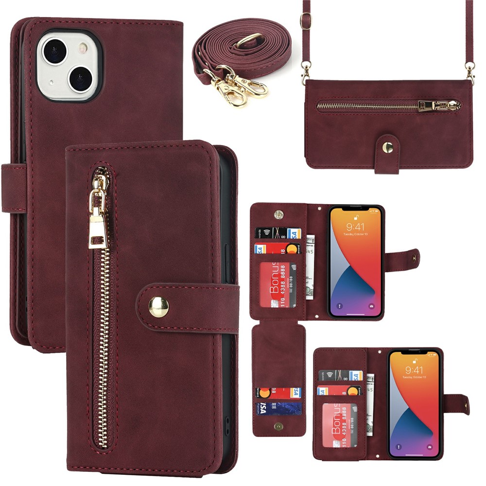 For iPhone 13 mini Stand Case PU Leather Phone Cover with Straps / Zipper Wallet / Multiple Card Slots - Wine Red