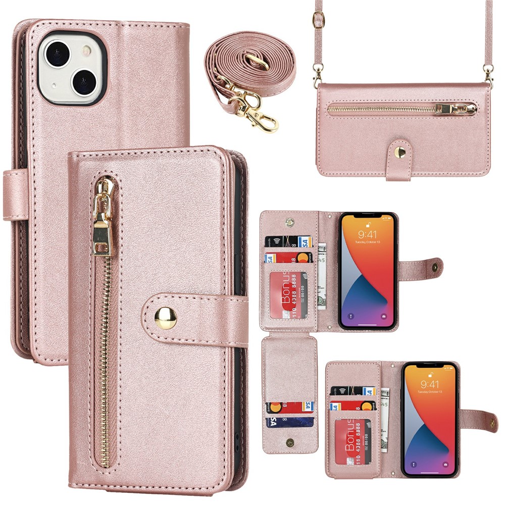 For iPhone 13 mini Stand Case PU Leather Phone Cover with Straps / Zipper Wallet / Multiple Card Slots - Rose Gold