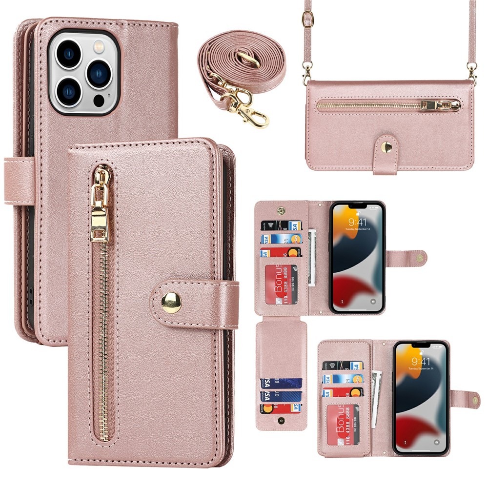 For iPhone 13 Pro Stand Case PU Leather Phone Cover with Straps / Zipper Wallet / Multiple Card Slots - Rose Gold