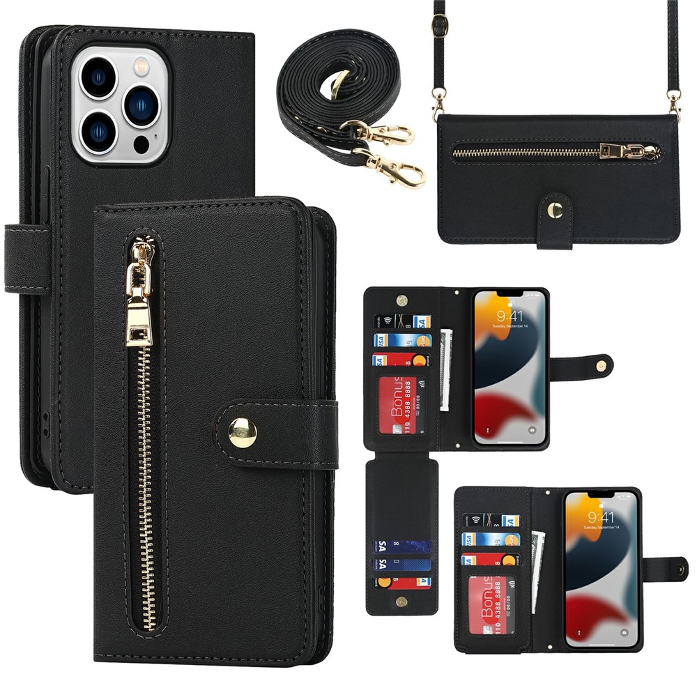 For iPhone 13 Pro Stand Case PU Leather Phone Cover with Straps / Zipper Wallet / Multiple Card Slots - Black