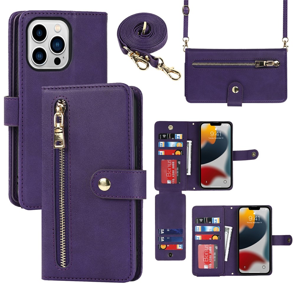 For iPhone 13 Pro Stand Case PU Leather Phone Cover with Straps / Zipper Wallet / Multiple Card Slots - Purple