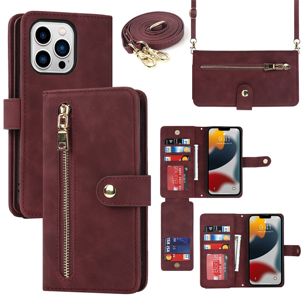 For iPhone 13 Pro Max / 12 Pro Max Stand Case PU Leather Phone Cover with Straps  /  Zipper Wallet  /  Multiple Card Slots - Wine Red