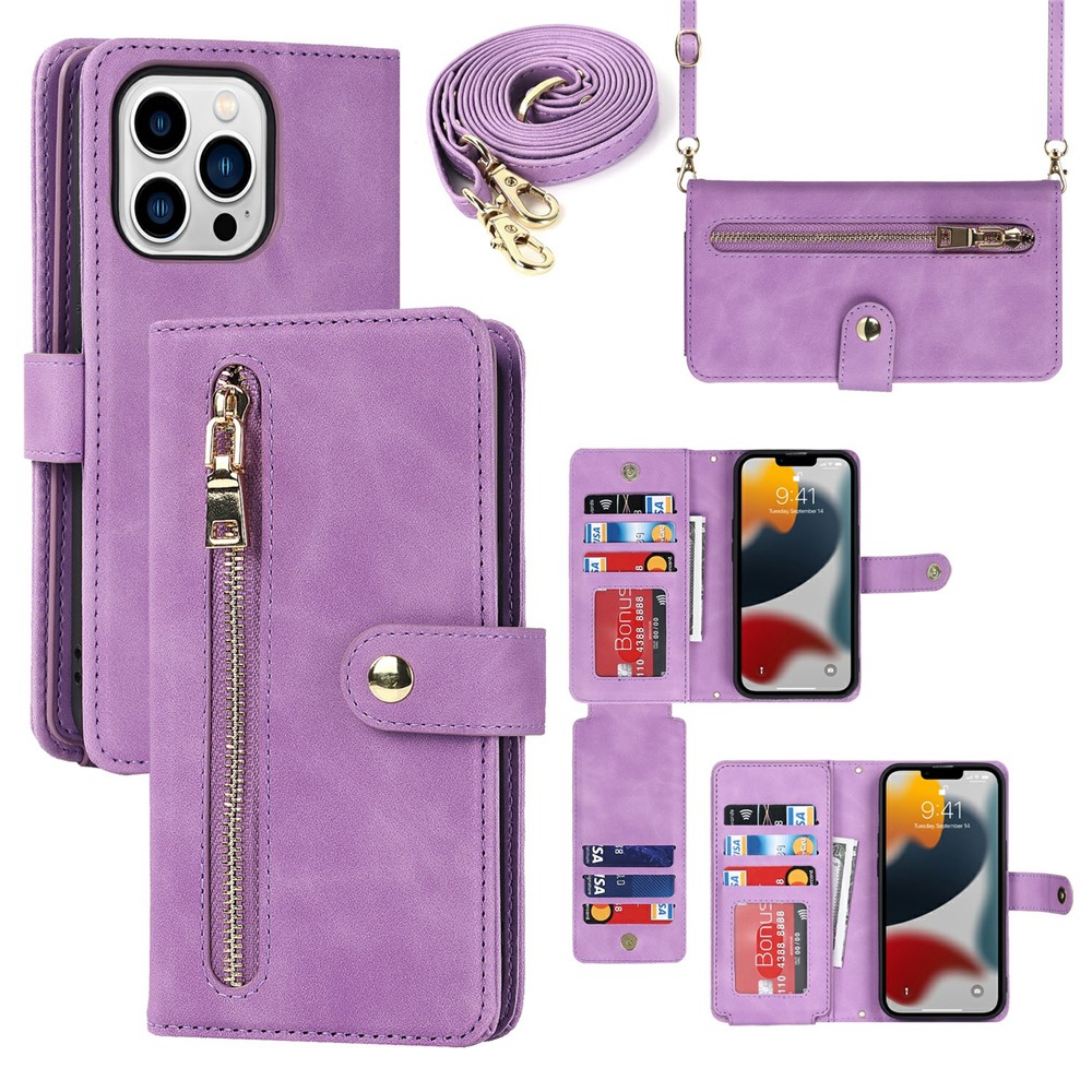 For iPhone 13 Pro Max / 12 Pro Max Stand Case PU Leather Phone Cover with Straps  /  Zipper Wallet  /  Multiple Card Slots - Light Purple