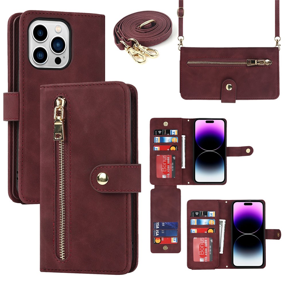 For iPhone 14 Pro Stand Case PU Leather Phone Cover with Straps  /  Zipper Wallet  /  Multiple Card Slots - Wine Red
