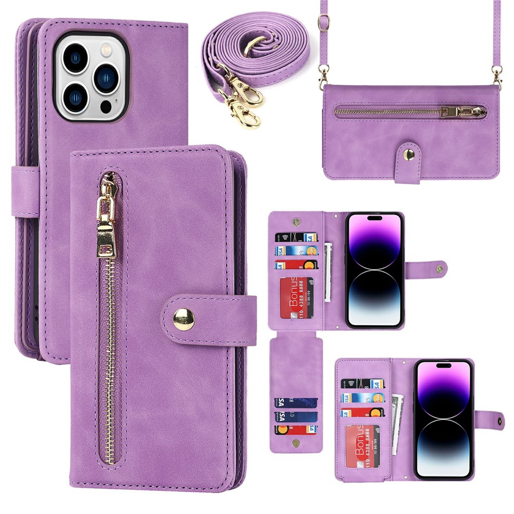For iPhone 14 Pro Stand Case PU Leather Phone Cover with Straps / Zipper Wallet / Multiple Card Slots - Light Purple