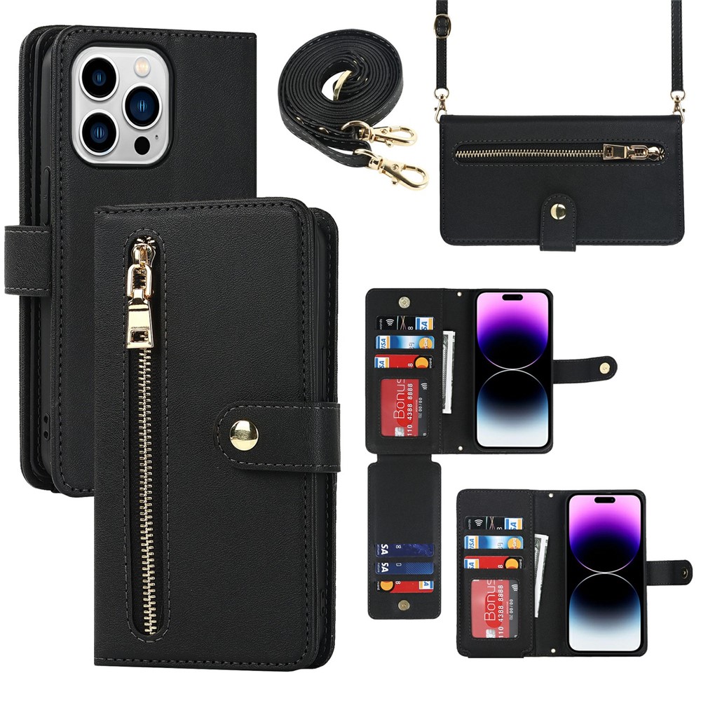 For iPhone 14 Pro Stand Case PU Leather Phone Cover with Straps / Zipper Wallet / Multiple Card Slots - Black