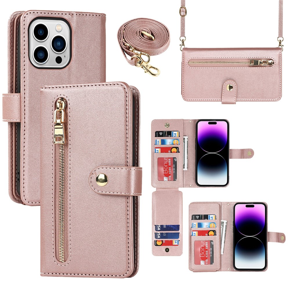 For iPhone 14 Pro Max Stand Case PU Leather Phone Cover with Straps  /  Zipper Wallet  /  Multiple Card Slots - Rose Gold