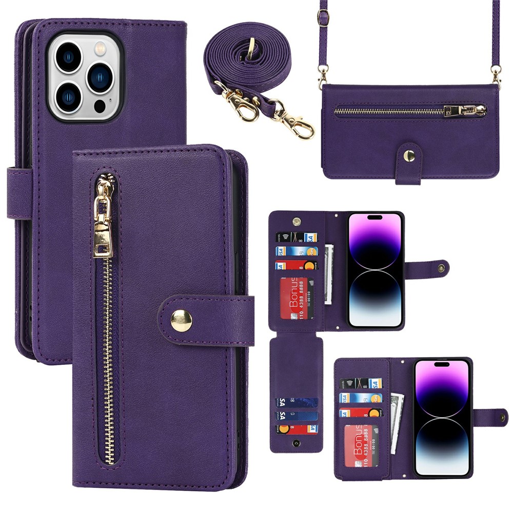 For iPhone 14 Pro Max Stand Case PU Leather Phone Cover with Straps  /  Zipper Wallet  /  Multiple Card Slots - Purple