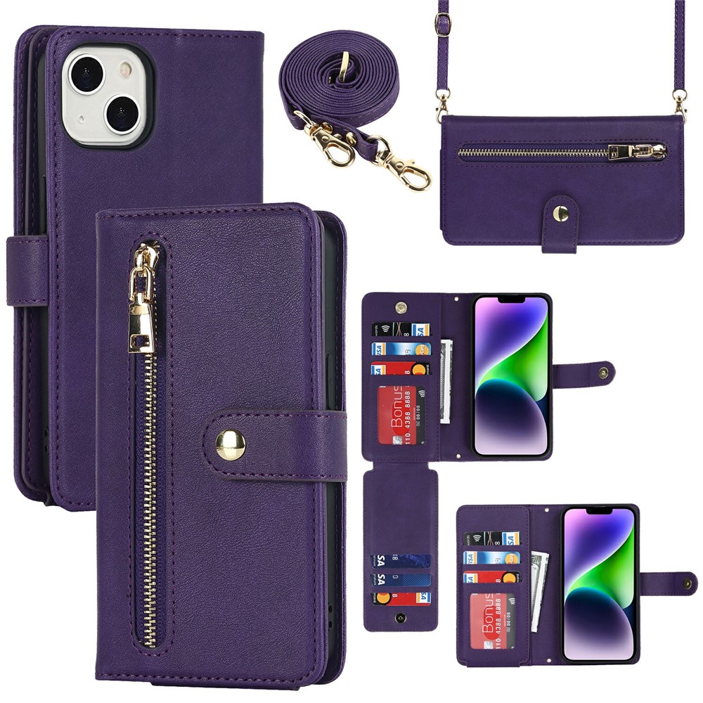 For iPhone 14 Plus Stand Case PU Leather Phone Cover with Straps  /  Zipper Wallet  /  Multiple Card Slots - Purple