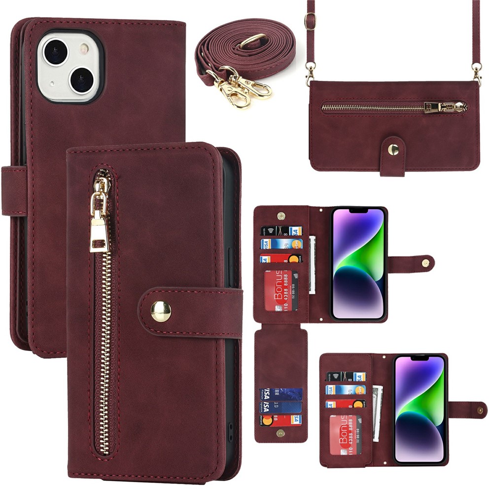 For iPhone 15 Stand Case PU Leather Phone Cover with Straps / Zipper Wallet / Multiple Card Slots - Wine Red