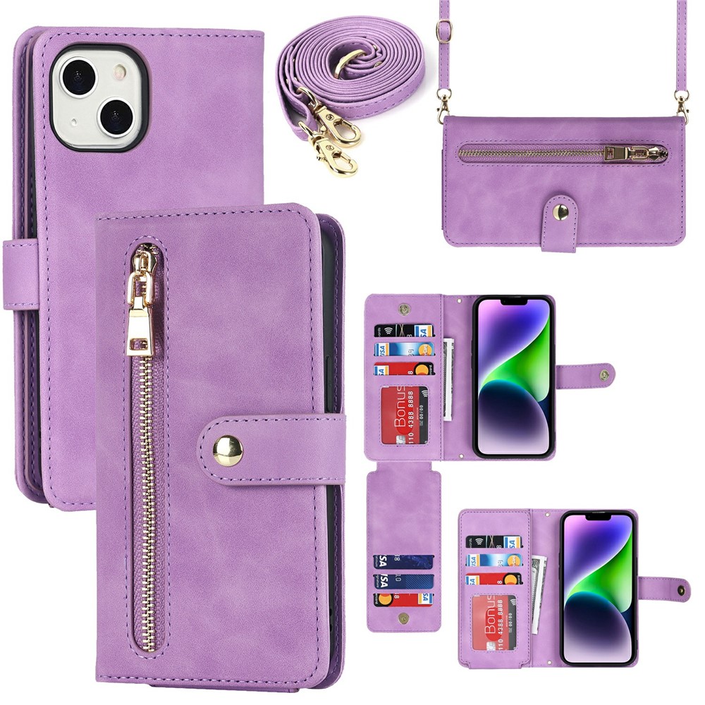 For iPhone 15 Stand Case PU Leather Phone Cover with Straps / Zipper Wallet / Multiple Card Slots - Light Purple