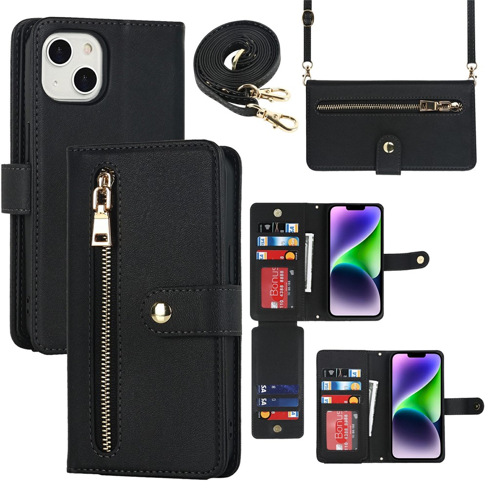 For iPhone 15 Plus Stand Case PU Leather Phone Cover with Straps  /  Zipper Wallet  /  Multiple Card Slots - Black