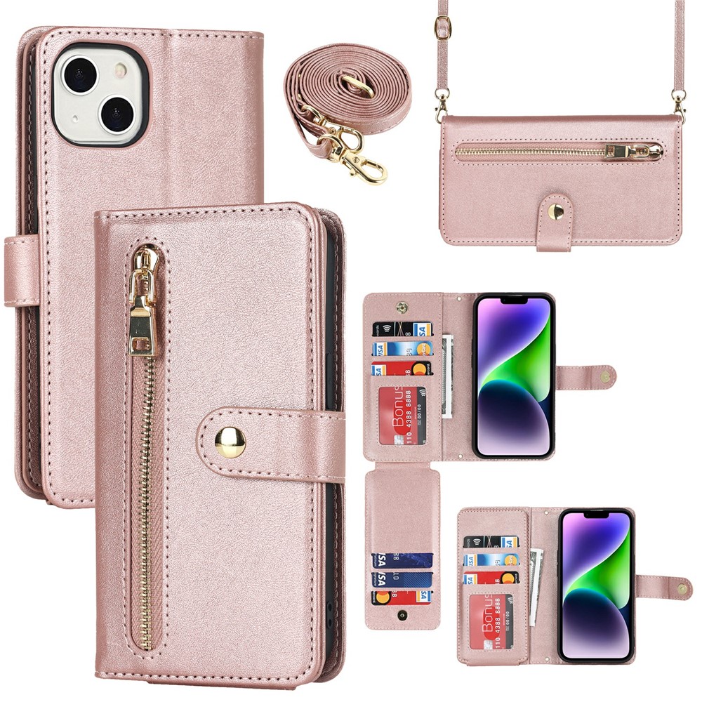 For iPhone 15 Plus Stand Case PU Leather Phone Cover with Straps  /  Zipper Wallet  /  Multiple Card Slots - Rose Gold