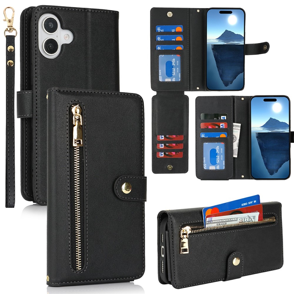 For iPhone 16 Plus Stand Case PU Leather Phone Cover with Straps  /  Zipper Wallet  /  Multiple Card Slots - Black