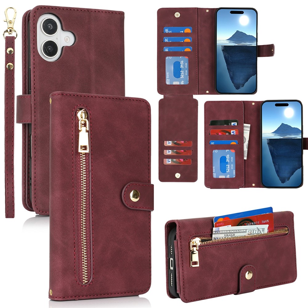 For iPhone 16 Plus Stand Case PU Leather Phone Cover with Straps  /  Zipper Wallet  /  Multiple Card Slots - Wine Red