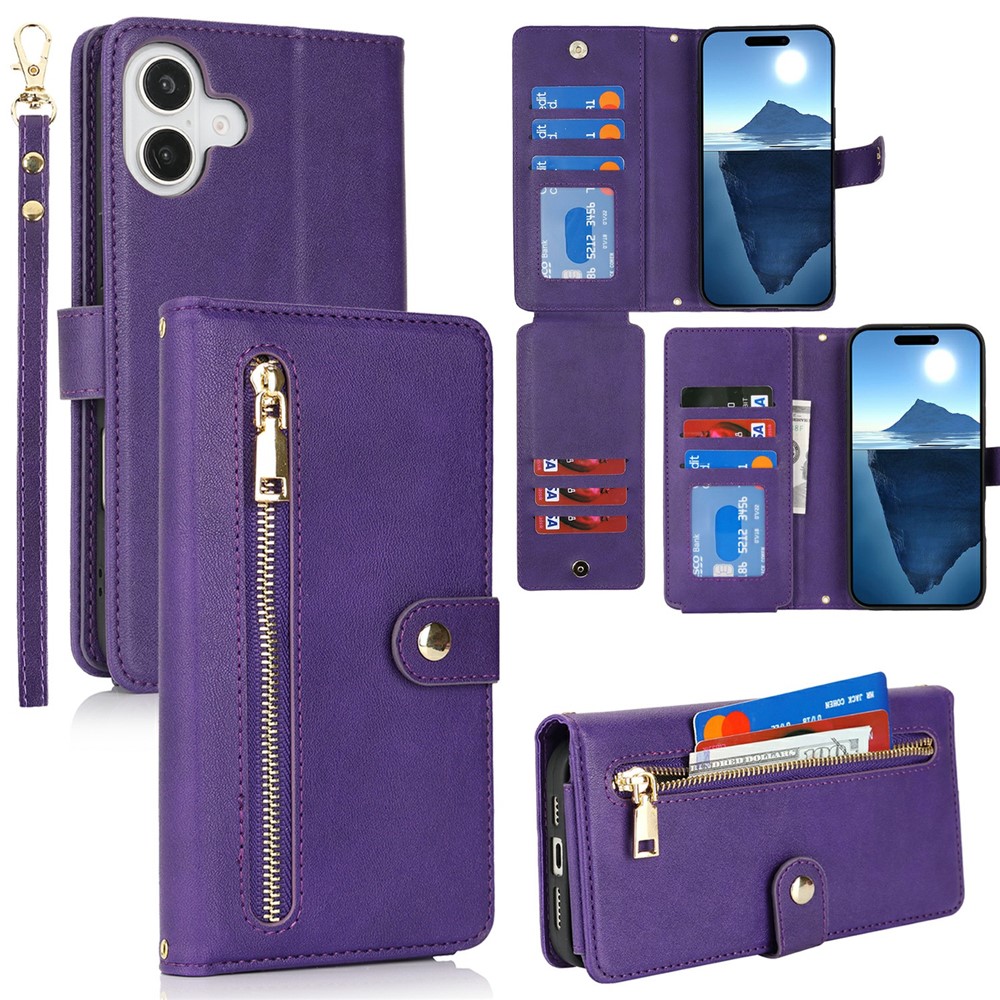 For iPhone 16 Plus Stand Case PU Leather Phone Cover with Straps  /  Zipper Wallet  /  Multiple Card Slots - Purple