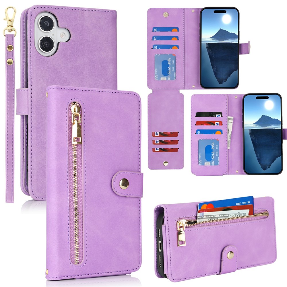 For iPhone 16 Plus Stand Case PU Leather Phone Cover with Straps  /  Zipper Wallet  /  Multiple Card Slots - Light Purple