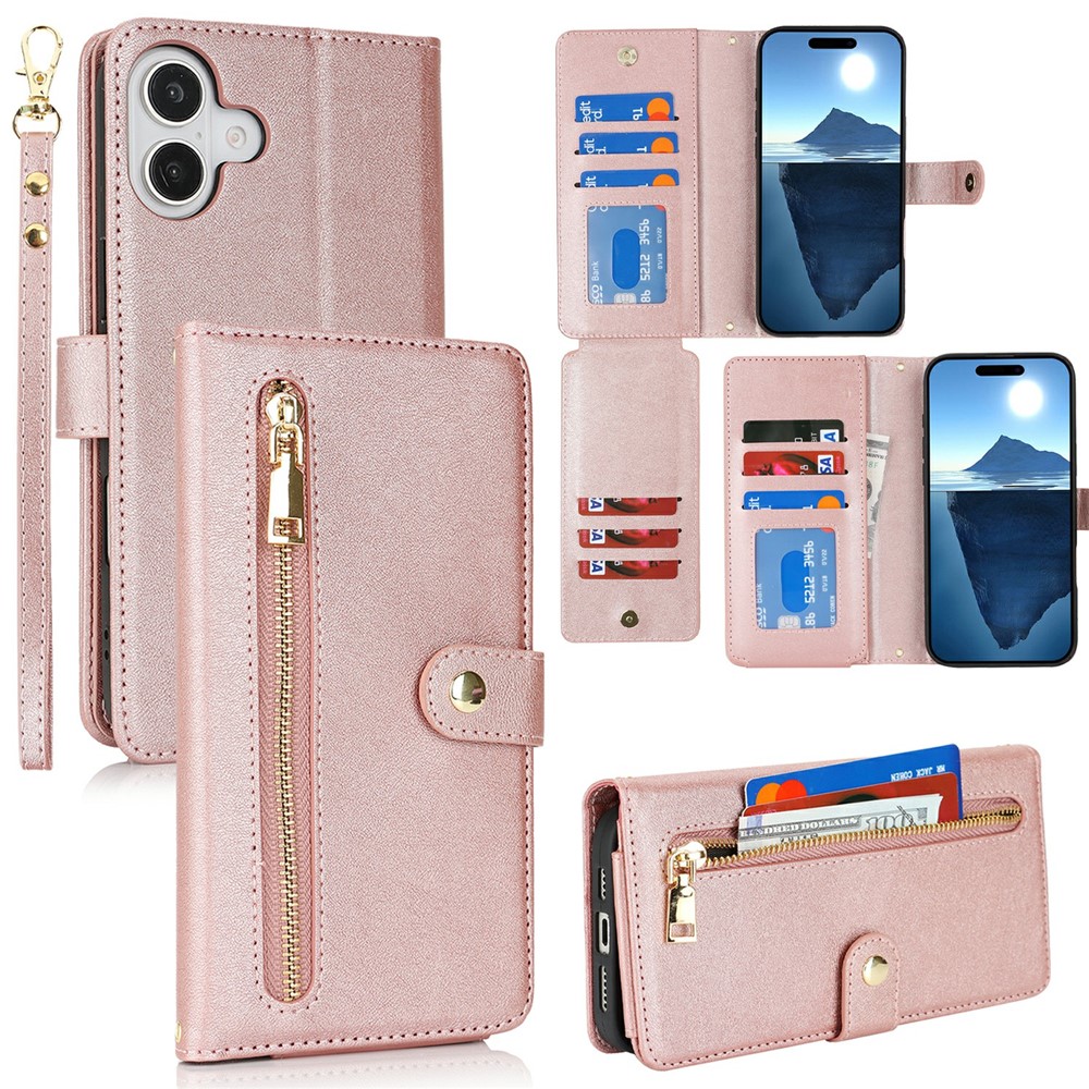 For iPhone 16 Plus Stand Case PU Leather Phone Cover with Straps  /  Zipper Wallet  /  Multiple Card Slots - Rose Gold
