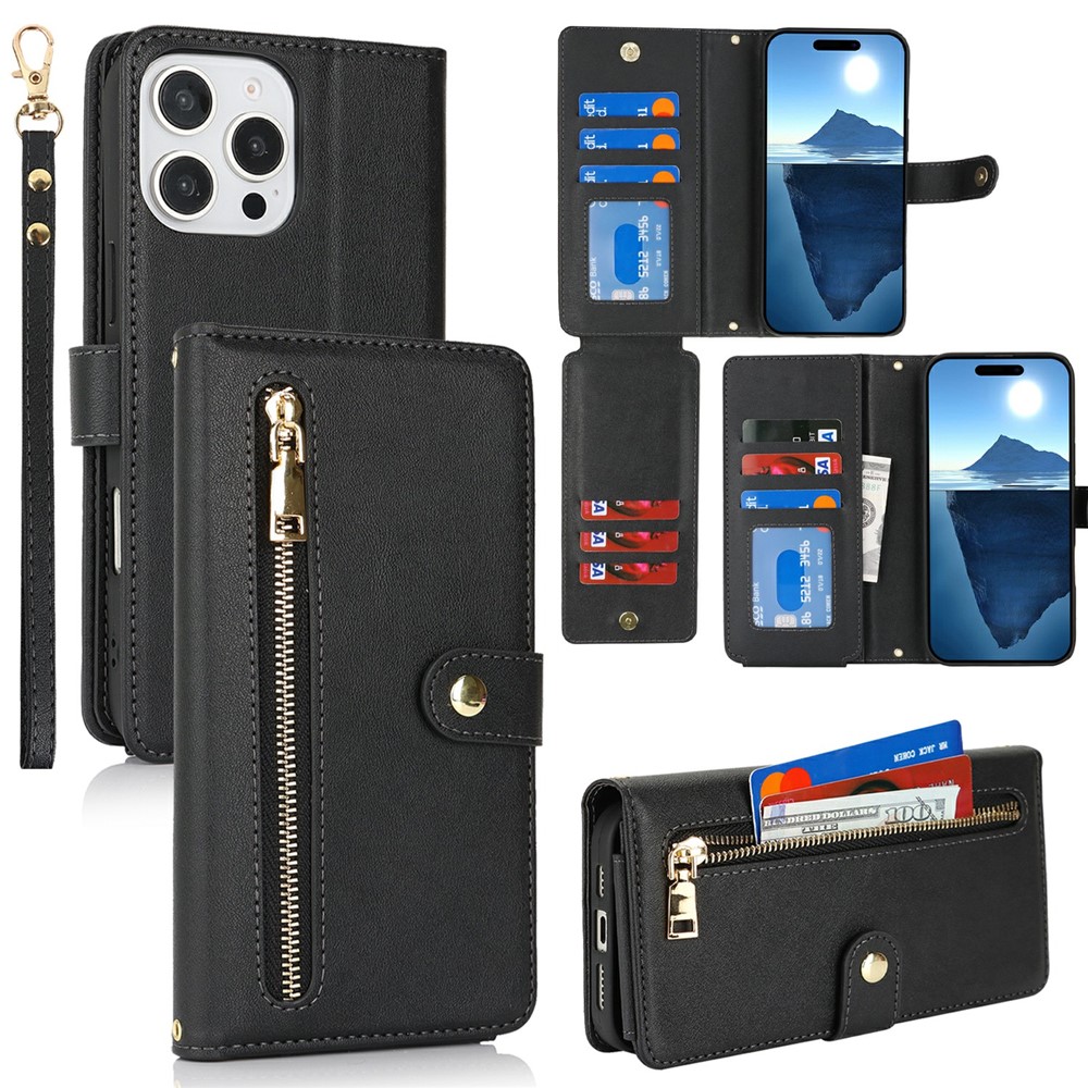 For iPhone 16 Pro Max Stand Case PU Leather Phone Cover with Straps  /  Zipper Wallet  /  Multiple Card Slots - Black