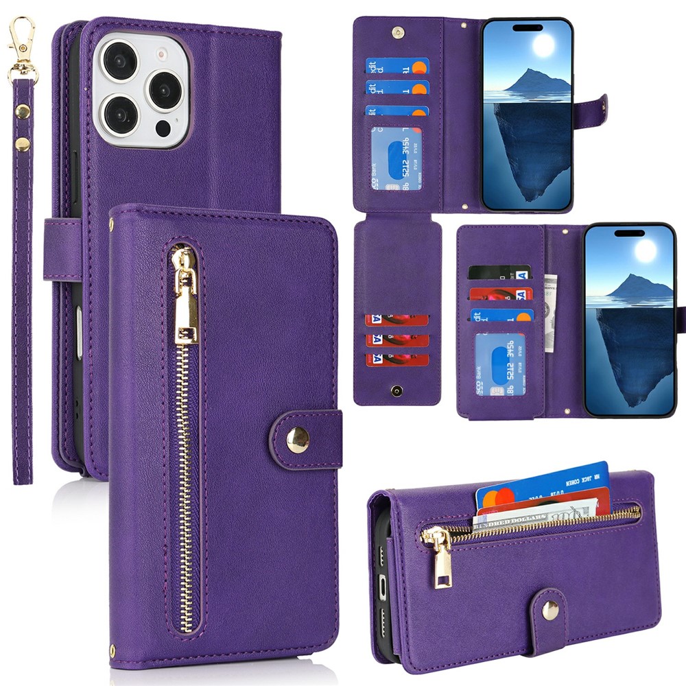 For iPhone 16 Pro Max Stand Case PU Leather Phone Cover with Straps  /  Zipper Wallet  /  Multiple Card Slots - Purple