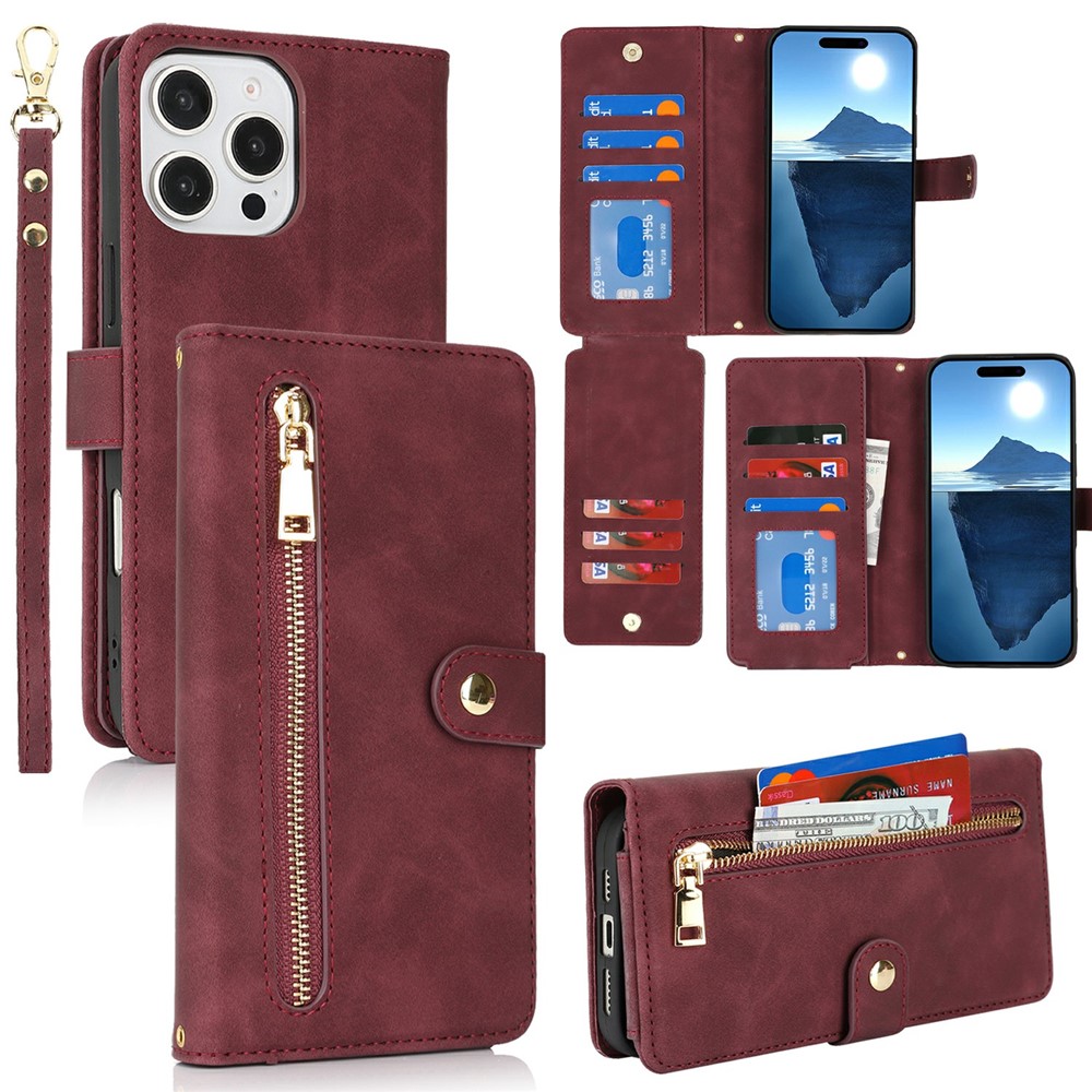 For iPhone 16 Pro Max Stand Case PU Leather Phone Cover with Straps  /  Zipper Wallet  /  Multiple Card Slots - Wine Red