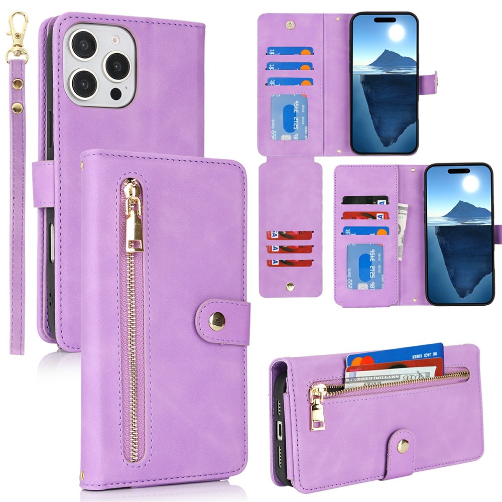 For iPhone 16 Pro Max Stand Case PU Leather Phone Cover with Straps  /  Zipper Wallet  /  Multiple Card Slots - Light Purple