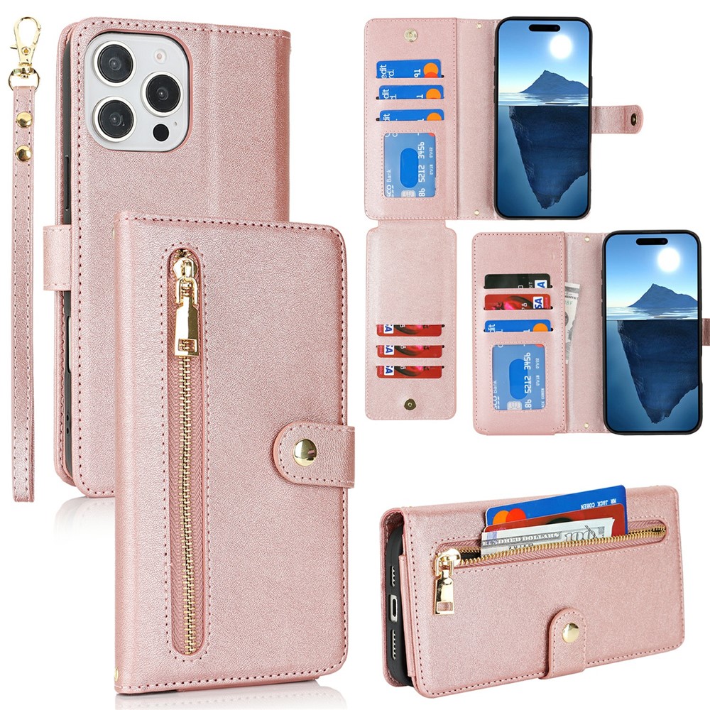 For iPhone 16 Pro Max Stand Case PU Leather Phone Cover with Straps  /  Zipper Wallet  /  Multiple Card Slots - Rose Gold
