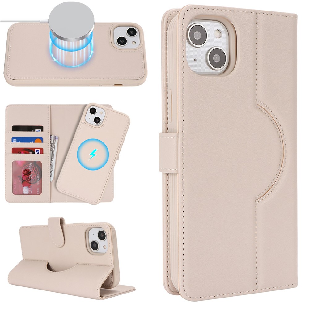 For iPhone 15 Wallet Case Compatible with MagSafe Anti-Drop Detachable PU Leather Phone Cover - Beige