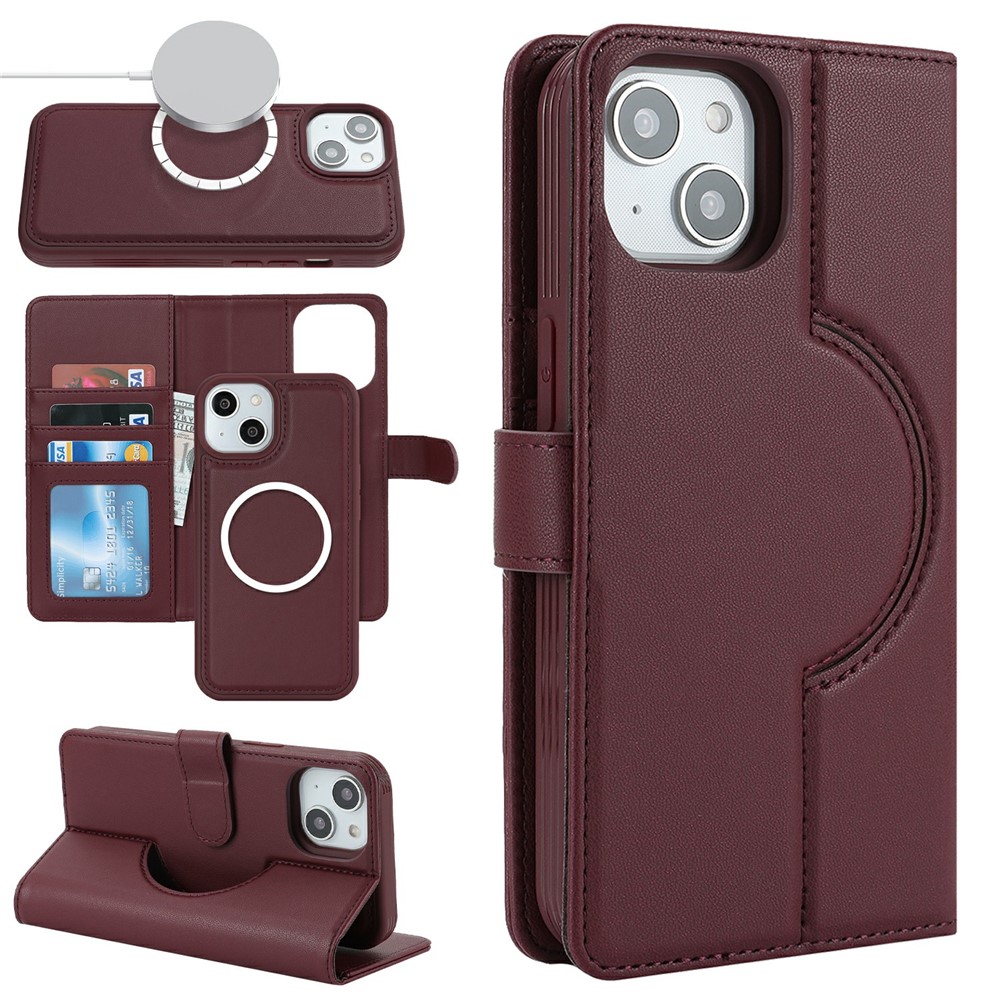 For iPhone 15 Wallet Case Compatible with MagSafe Anti-Drop Detachable PU Leather Phone Cover - Wine Red