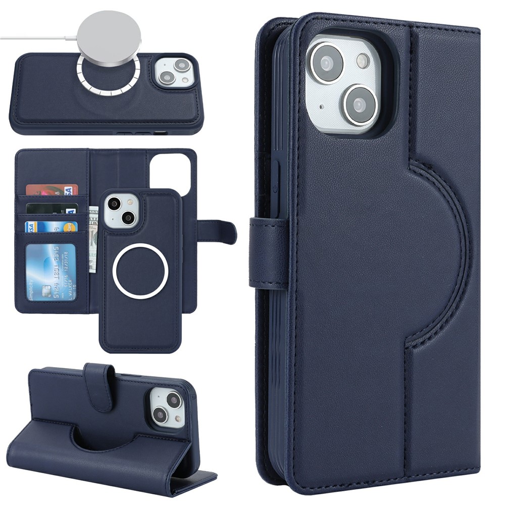 For iPhone 15 Wallet Case Compatible with MagSafe Anti-Drop Detachable PU Leather Phone Cover - Dark Blue