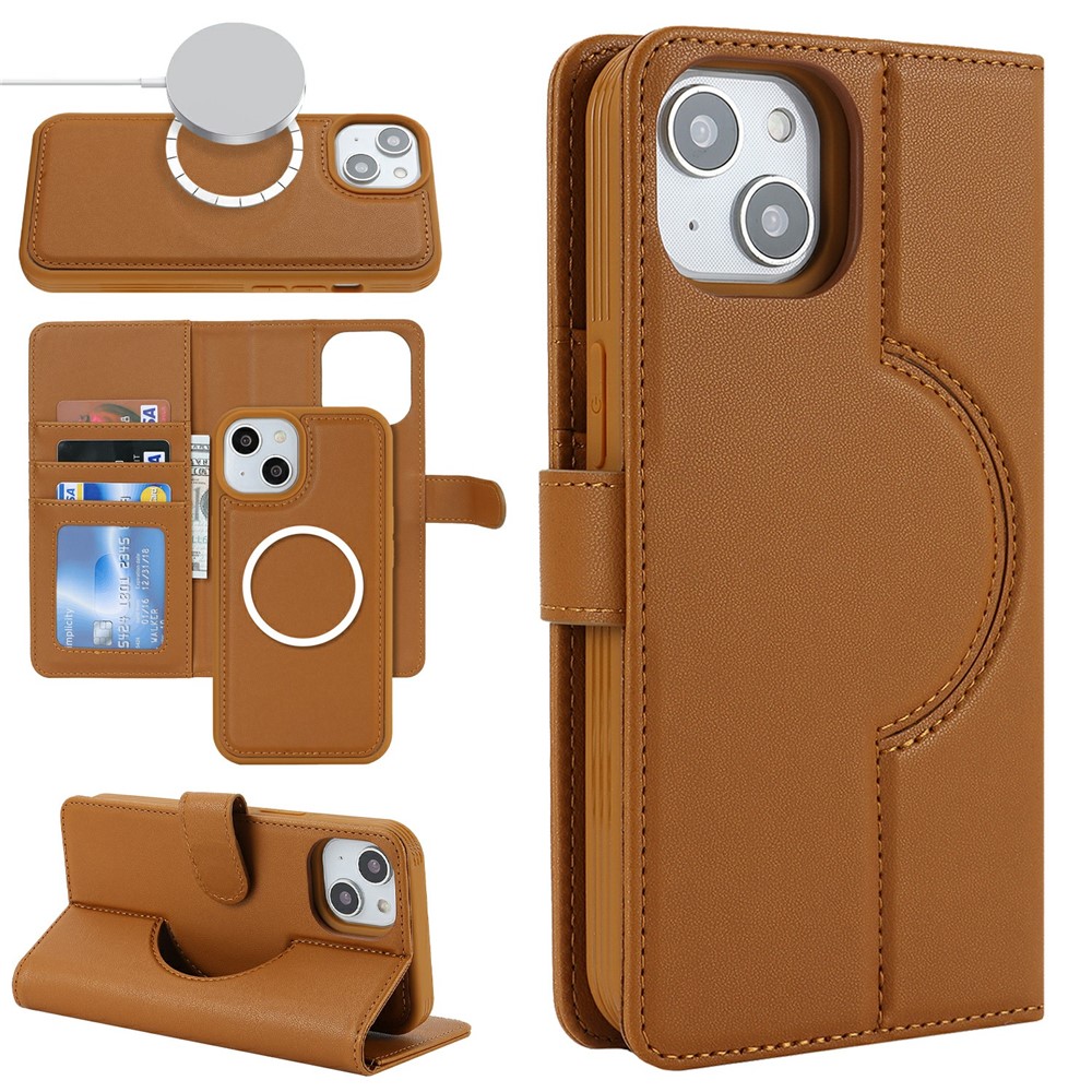 For iPhone 15 Wallet Case Compatible with MagSafe Anti-Drop Detachable PU Leather Phone Cover - Brown