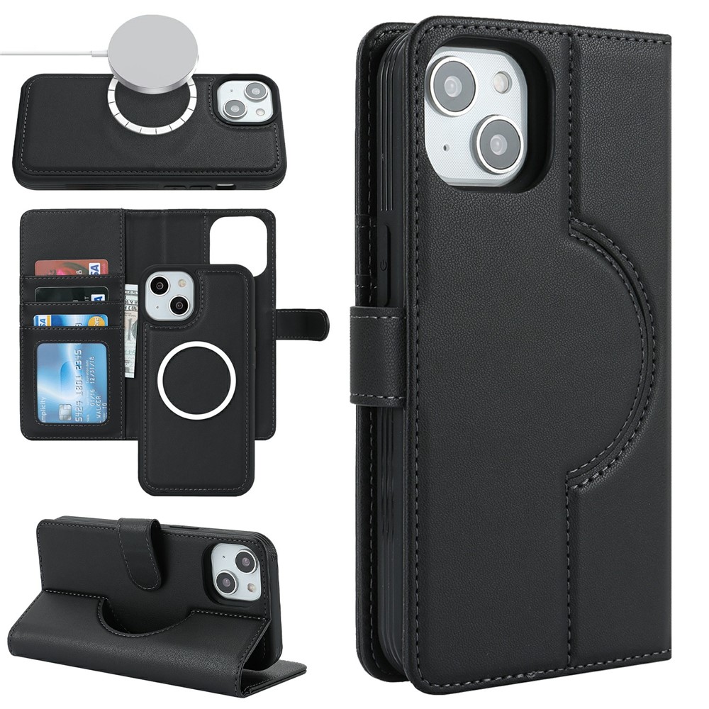 For iPhone 15 Wallet Case Compatible with MagSafe Anti-Drop Detachable PU Leather Phone Cover - Black