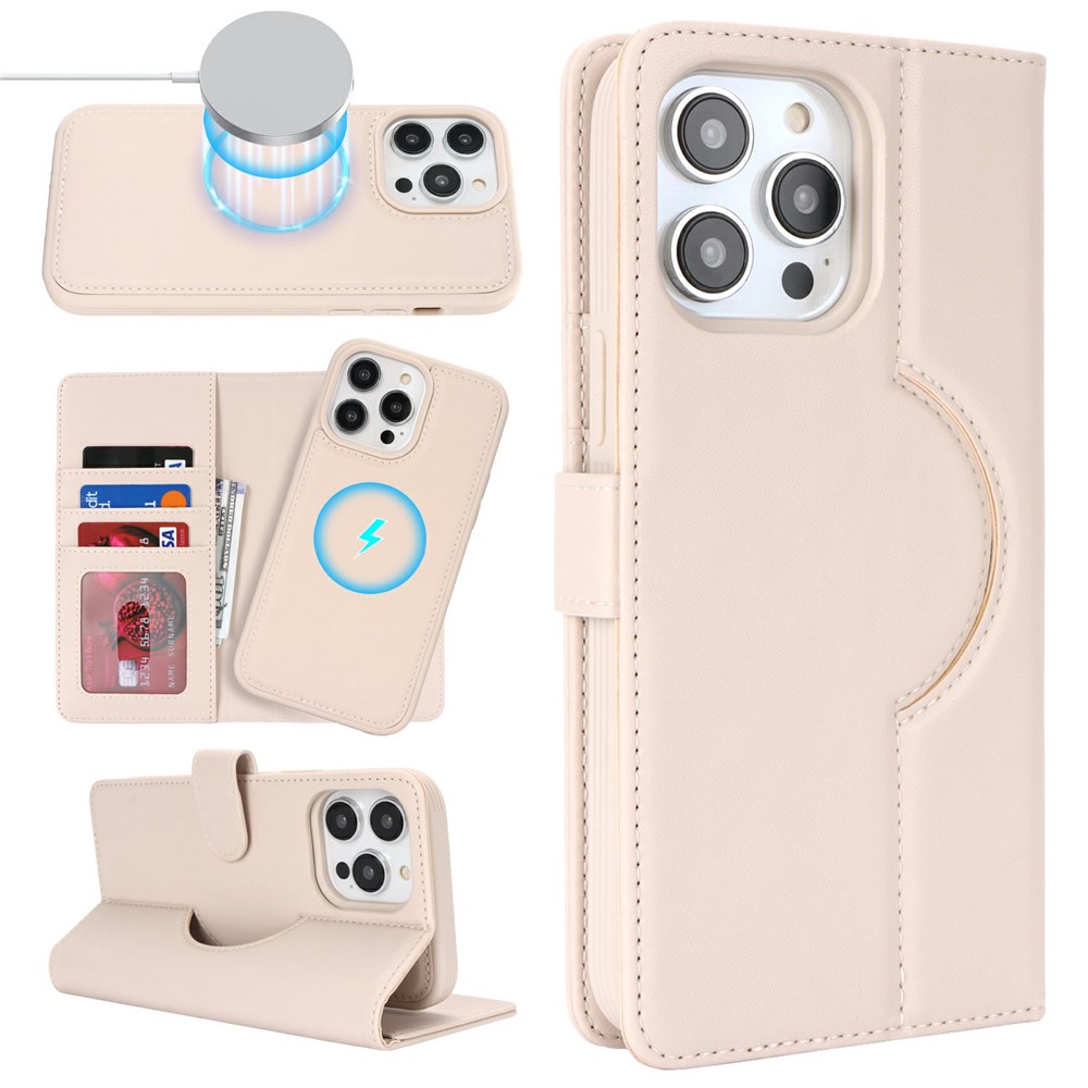 For iPhone 15 Pro Wallet Case Compatible with MagSafe Anti-Drop Detachable PU Leather Phone Cover - Beige