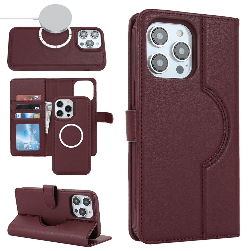 For iPhone 15 Pro Wallet Case Compatible with MagSafe Anti-Drop Detachable PU Leather Phone Cover - Wine Red