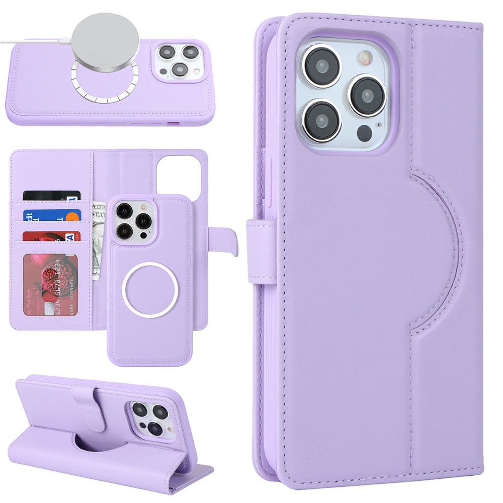 For iPhone 15 Pro Wallet Case Compatible with MagSafe Anti-Drop Detachable PU Leather Phone Cover - Purple