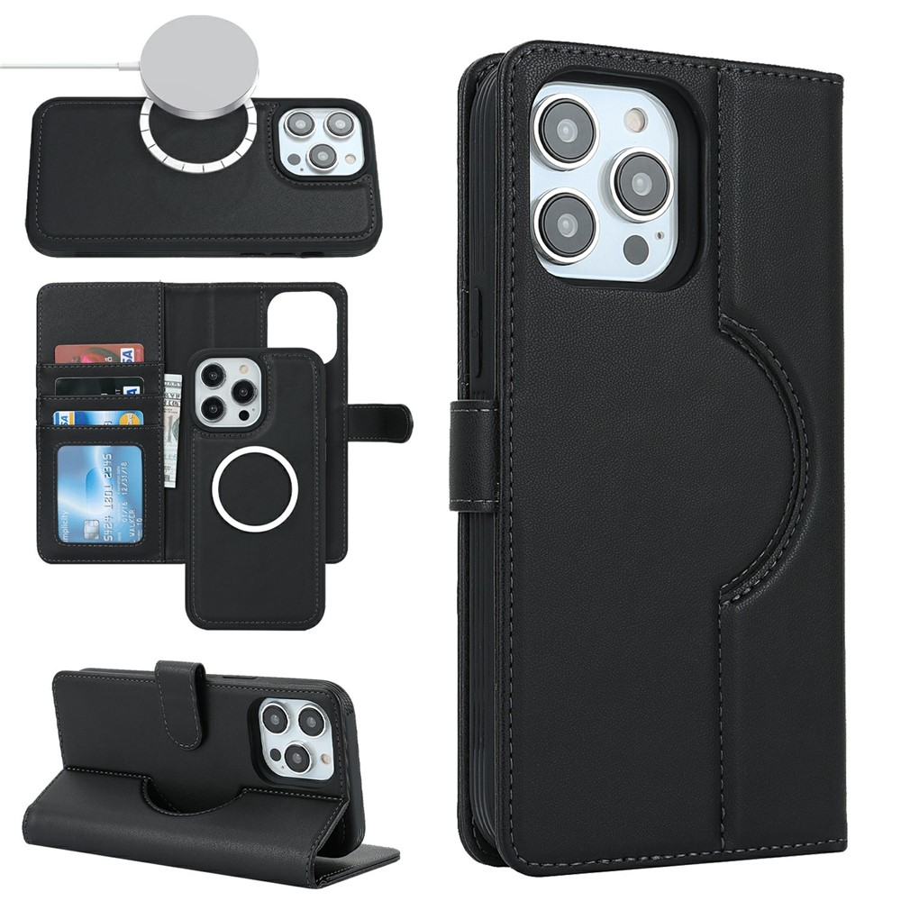 For iPhone 15 Pro Max Wallet Case Compatible with MagSafe Anti-Drop Detachable PU Leather Phone Cover - Black