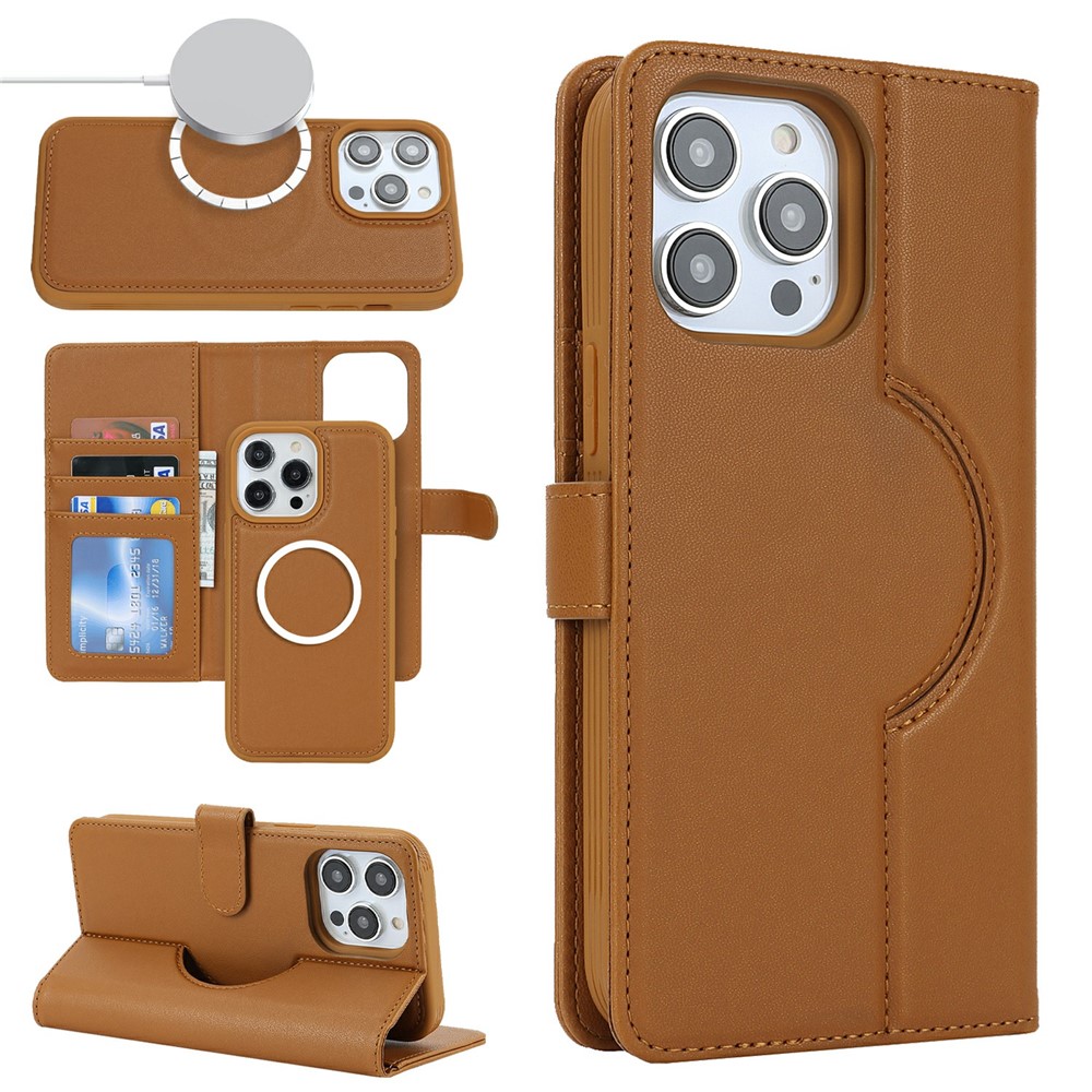 For iPhone 15 Pro Max Wallet Case Compatible with MagSafe Anti-Drop Detachable PU Leather Phone Cover - Brown