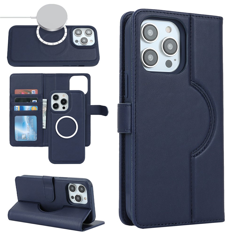 For iPhone 15 Pro Max Wallet Case Compatible with MagSafe Anti-Drop Detachable PU Leather Phone Cover - Dark Blue