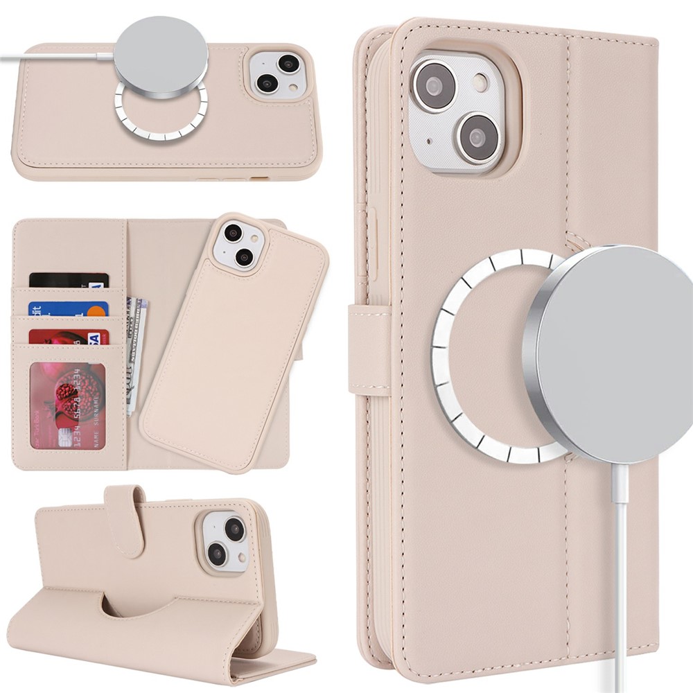 For iPhone 15 Plus / 14 Plus Wallet Case Compatible with MagSafe Anti-Drop Detachable PU Leather Phone Cover - Beige
