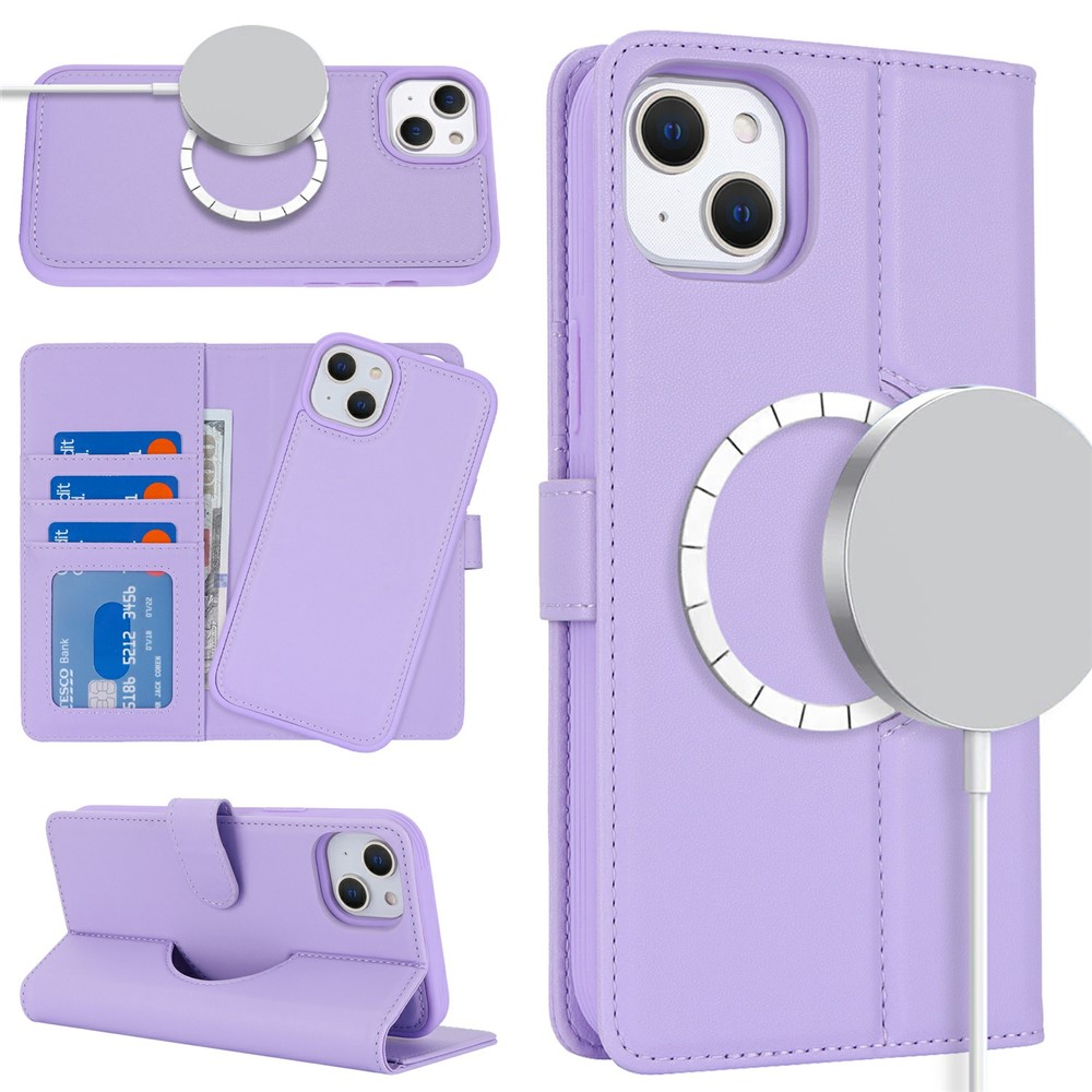 For iPhone 15 Plus / 14 Plus Wallet Case Compatible with MagSafe Anti-Drop Detachable PU Leather Phone Cover - Purple