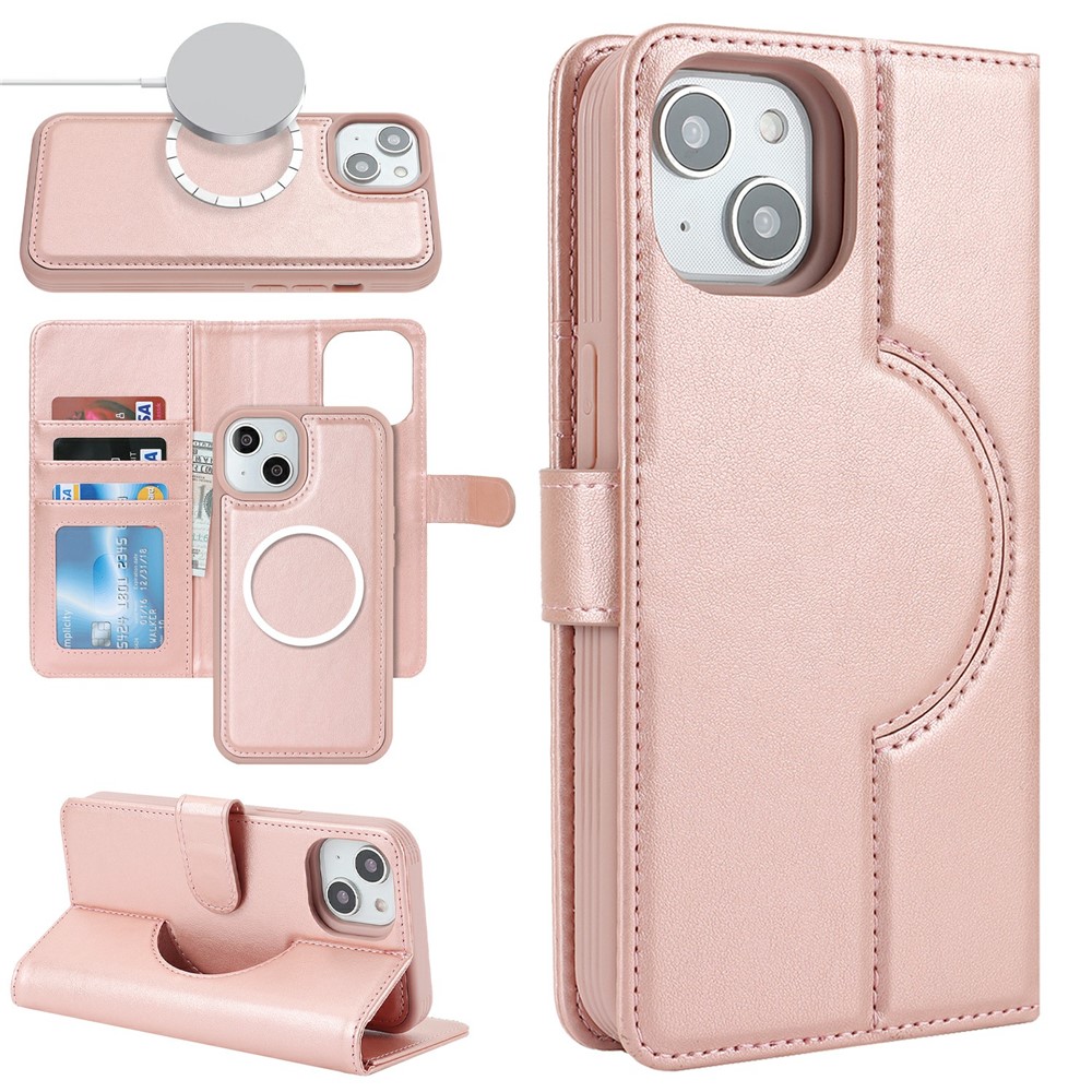 For iPhone 15 Plus / 14 Plus Wallet Case Compatible with MagSafe Anti-Drop Detachable PU Leather Phone Cover - Rose Gold